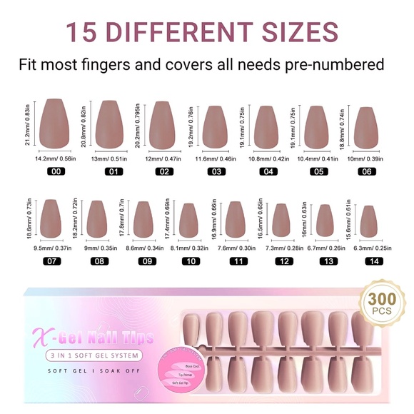 300 Pieces GelX Medium Coffin Press On Nails - Picture 2 of 6